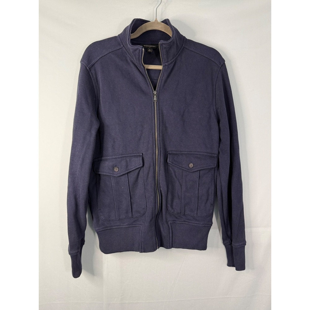 Banana Republic Full Zip Mock Neck Sweater Mens Small Navy Blue Ribbed Cargo